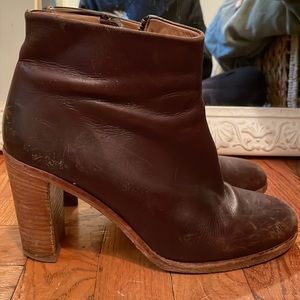 APC chocolate brown leather booties w zip closure and stacked wood heel. Size 9